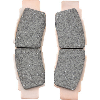 Two rectangular, textured gray Sintered Brake Pads by Ebc with rounded corners and copper-colored backing plates are positioned vertically side by side on a light background. They feature an HH friction rating for maximum braking effect.