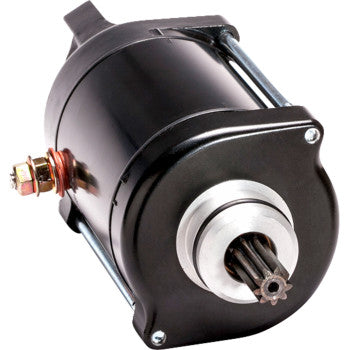 A close-up of the Honda Starter by Moose Offroad shows its black body, metallic end caps, gear shaft, and side mounting hardware—precision-engineered to meet OEM specs.