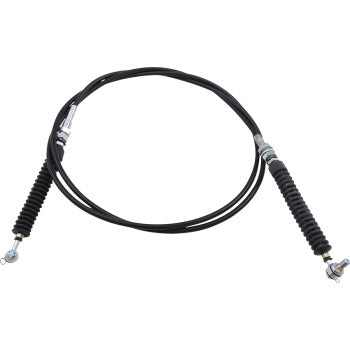 Black flexible shifter cable with metal end fittings and protective rubber boots on both ends.