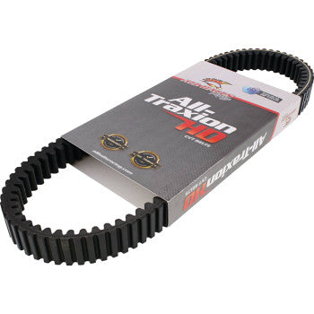 A black, ribbed Polaris Ranger 1000 All Traxion HD CVT Belt by All Balls with high-strength aramid is partially wrapped in AviTraxion 710 packaging featuring red and white graphics, displayed on a white background.
