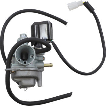Silver metal Kawasaki replacement carburetor with attached black wiring harness and white connector.