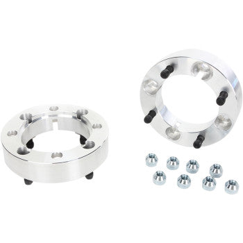 Two silver High Lifter Spacer with Stud Wheel Rear 4/137 1-1/2 adapters with black studs are shown with eight matching silver lug nuts on a white background, perfect for aftermarket tire installations.
