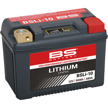 The Lithium Battery - BSLi-10 Max by Bs Battery offers fast charging, with 12V, 90Wh, and 480A specs. It has a black body, red and white label, clearly marked terminals, and features the BSLi-10 Max model design.