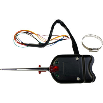 The Universal Steering Column Switch by Custom Dynamics is a black electronic device with a metal antenna, colorful attached wires, a red 4-way hazard button, and a metal hose clamp, displayed on a white background.