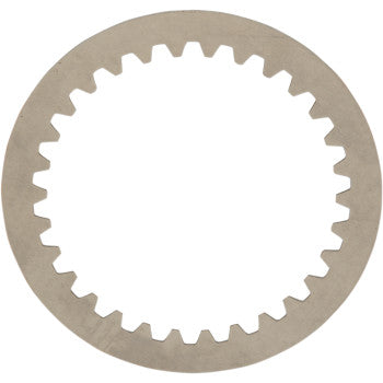 The Clutch Drive Plate by Barnett, made in the USA, features a round, flat metal design with evenly spaced internal teeth resembling a gear. Its detailed inner edge contrasts with its smooth outer edge, shown from above against a white background.
