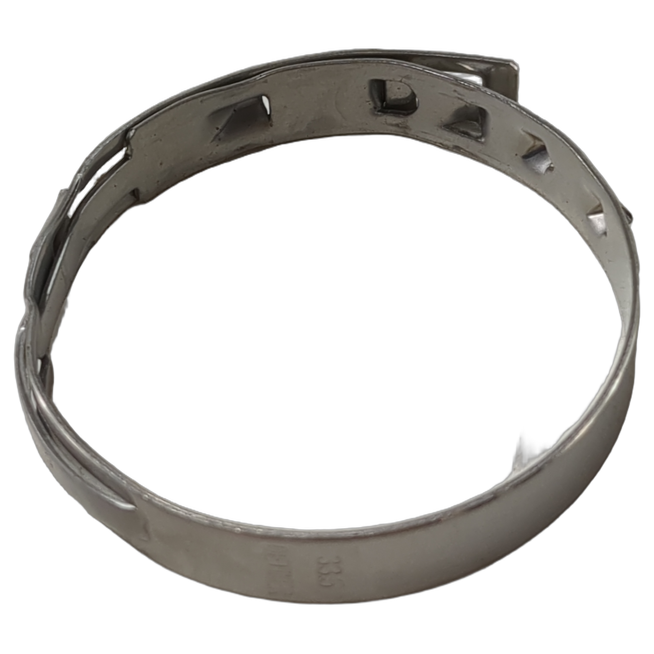 Stainless steel adjustable hose clamp with a slotted band and tightening mechanism.