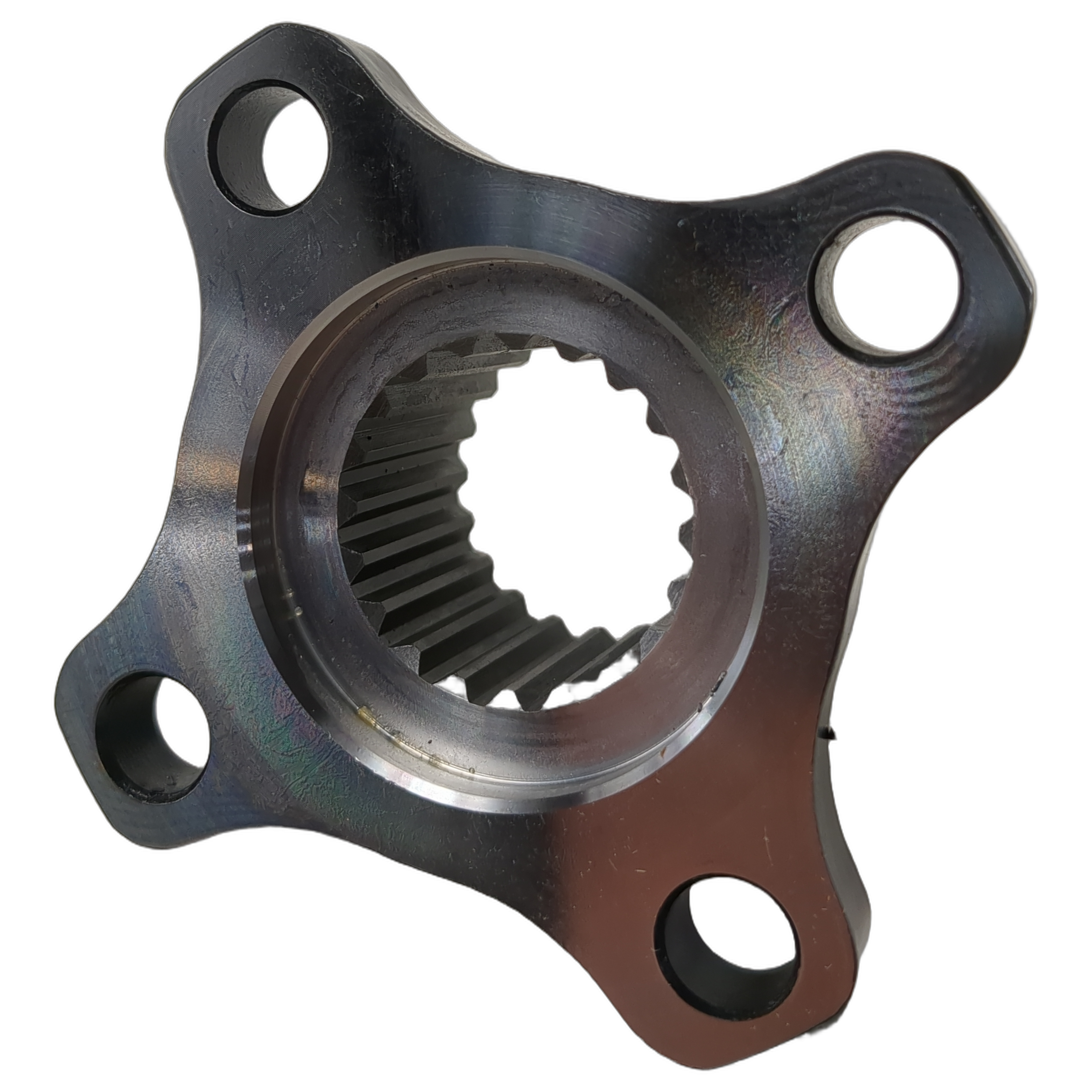 Black metal rear axle drive sleeve with splined center hole and four mounting holes.