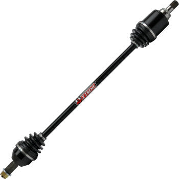 The Honda Talon Axle X-Treme Heavy Duty Long Travel Front Left & Right by Demon features a black chromoly steel shaft with CV joints, protective rubber boots on both ends, and a red label at the center.