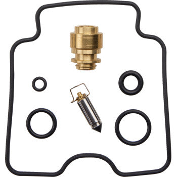 The Suzuki Carburetor Repair Kit by K&L Supply includes a brass valve, black needle valve, various black rubber O-rings, and essential gaskets—all displayed on a white background.