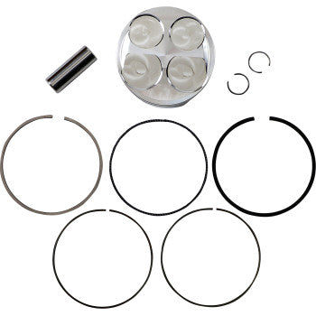 The Piston Kit by JE Pistons includes a piston, piston pin, two circlips, and five piston rings, all arranged neatly on a white background.