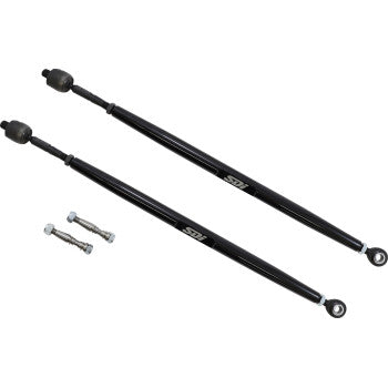 Two black Tie Rods +4" by Sdi with metallic ends, STI logos, and mounting hardware are displayed on a white background, offering race-proven performance for heavy-duty equipment applications.