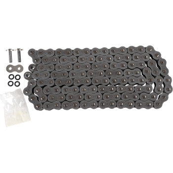 The 530 X1R Heavy Duty Drive Chain 120 Links by JT Chains is made of durable steel alloys and comes laid out flat with two connecting pins, four black rubber O-rings, and a small plastic bag of extra parts on a white background.