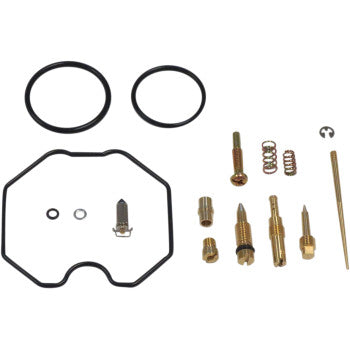 The Polaris Carburetor Repair Kit by Shindy includes jet needle sets, float valves, metal parts, springs, and three black rubber gaskets, all neatly displayed on a white background.
