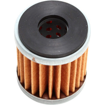 The Oil Filter by Parts Unlimited is a cylindrical pleated German paper oil filter with metal end caps and a central black rubber ring, viewed from above, and meets OEM requirements.