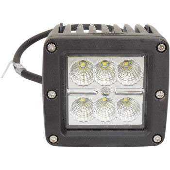 The Brite-Lites 4 Square LED Flood Light features six LEDs in two rows of three, a black casing, and a visible rear wire; operates at 12V.