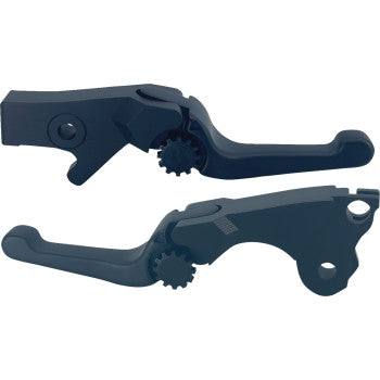 The Anthem Adjustable Lever Set - Short - Black by PSR is shown side by side on a white background. Each CNC-machined aluminum lever features visible adjustment gears and mounting holes for easy customization.