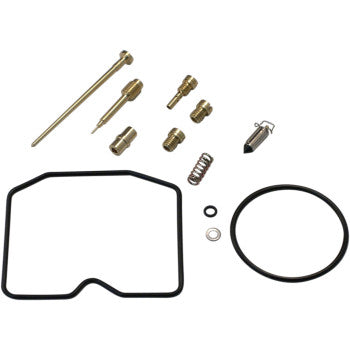 The Kawasaki Carburetor Repair Kit by Shindy includes gaskets, O-rings, a needle valve, float valves, main jets, a spring, and small brass fittings arranged on a white background.