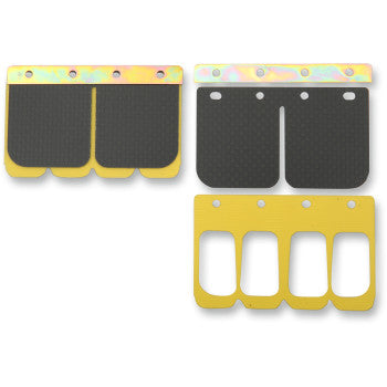 The Kawasaki - Suzuki Pro Series Reed Set by Boyesen includes four rectangular reed valve petals and bases with multiple holes; the top two have carbon fiber reed surfaces with iridescent edges, and the bottom two are all yellow, shown on a white background.
