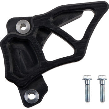 The Yamaha Case Saver Sprocket Cover Black by T.M. Designworks, featuring geometric cutouts and shown with two silver bolts, washers, and nuts, provides extra engine case protection on a white background.