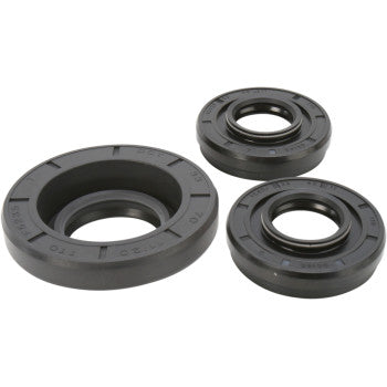 Three black Honda Differential Seal Kit Front seals by Moose Offroad, in varying sizes, are circular with molded markings and inner/outer rings, arranged on a white background—ideal for differential service jobs.