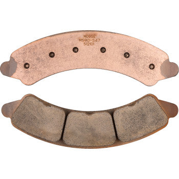 The Polaris RZR Brake Pad Front by Moose Offroad features a top pad with a smooth, copper-colored sintered metal surface and small holes, while the bottom pad has three distinct dark friction material sections.