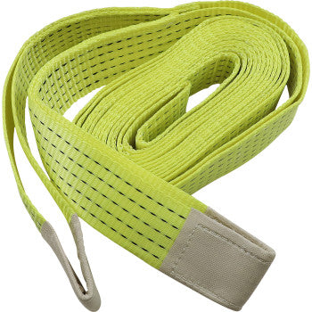 The Tow Strap 20' by Moose Offroad is a coiled, heavy-duty yellow strap made of durable synthetic webbing with reinforced stitched loops at both ends, ideal for towing or lifting vehicles and heavy loads.