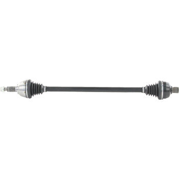 Black steel CV axle shaft with silver metal constant velocity joints and black rubber protective boots on both ends.