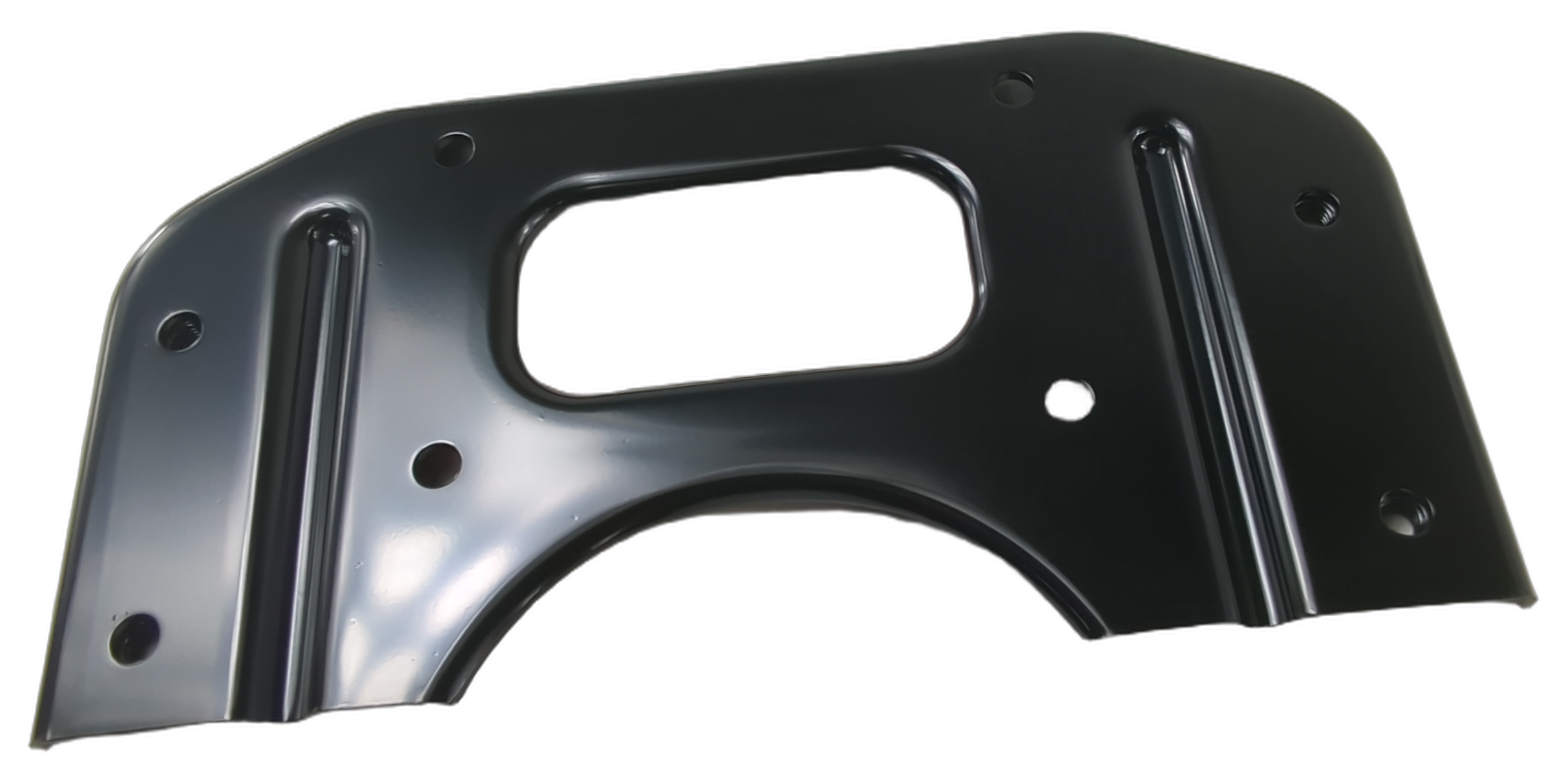 Black metal winch bracket with a curved ATV mounting edge, raised reinforcing ribs, and multiple bolt holes.