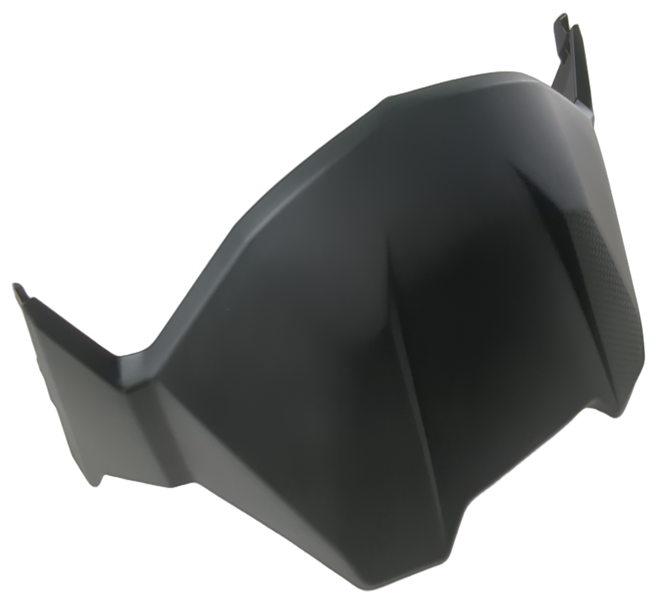 Black molded plastic CFMOTO dashboard cover with angular raised contours and side mounting flanges.