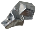 Contoured silver metal tail light heat insulator with a dimpled surface and raised mounting points.