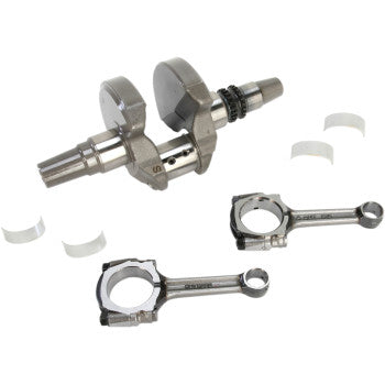 Polished metal crankshaft assembly with two connecting rods and bearing shells, designed for Kawasaki engines.
