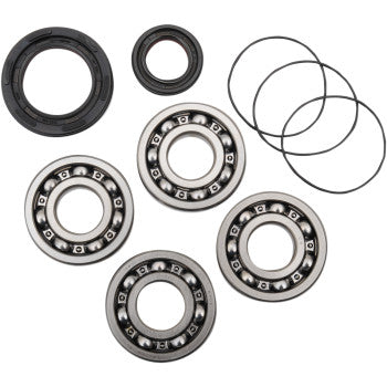 A set of Yamaha Crankshaft Bearings by Hot Rods, including silver ball bearings, black rubber seals, and O-rings, arranged on a white surface—an ideal kit for crankshaft maintenance and repairs.