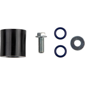 The Yamaha Chain Roller Black by T.M. Designworks, with a silver bolt, two blue rubber O-rings, and a metal washer, are neatly arranged in a row on a white background.