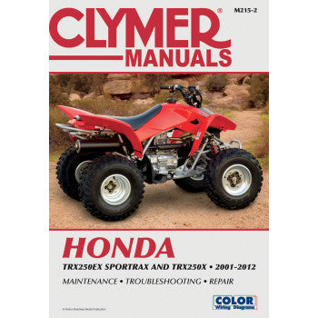 Cover of the Honda TRX 250 Manual EX by Clymer featuring a red Honda TRX250EX ATV on dirt. Text highlights: Honda TRX250EX Sportrax & TRX250X 2001-2012, with instructions for maintenance, troubleshooting, and repair.