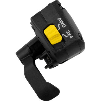 Black plastic throttle assembly with a yellow switch labeled AWD 2X4 and a curved throttle lever.