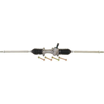 The Steering Rack by Moose Offroad features black rubber boots on both ends, four mounting bolts underneath, and clearly visible tie-rod ends for precise handling.