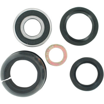 The Honda Steering Stem Bearing Kit by Pivot Works includes five assorted precision metal and black rubber washers and seals, displayed on a white background. One rubber ring has a visible split. Ideal for maintaining steering and handling control.