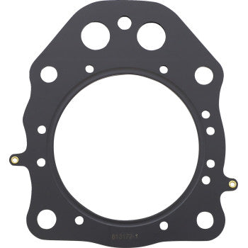 Close-up of the Honda Top End Gasket Kit by Moose Offroad—a black engine head gasket with a central hole, multiple edge holes, and two metal tabs—perfect for engine rebuilds or as an OEM replacement in your sealing kit.