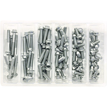The Bolt Assortment Flange by Bolt is a plastic organizer tray with five compartments, each containing neatly sorted metal hex bolts of various sizes and lengths—ideal for motorcycle maintenance.