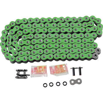 The 520 Max X Chain 120 Links Green by RK is coiled beside connecting links, O-rings, a metal plate, and two small packets, all displayed on a white background.