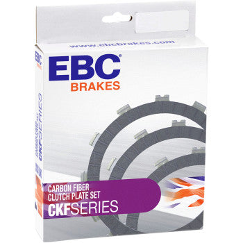 A box of CKF Clutch Plate Set by EBC features the EBC Brakes logo, product name, and an image of clutch plates with purple and orange designs, highlighting its carbon-fiber build for enhanced engine life.