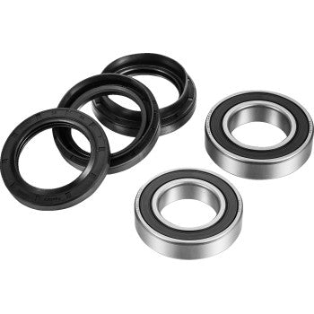 The Yamaha - Suzuki - Kymco Wheel Bearing Kit Front Left & Right by Factory Links includes two shiny cylindrical ball bearings and three black rubber seals, all displayed on a white background.