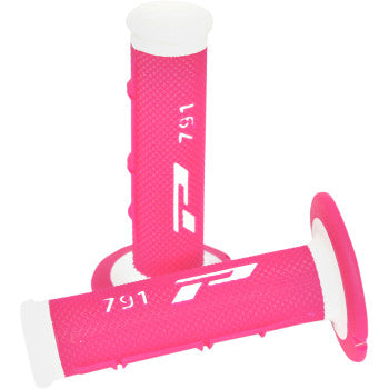 The Triple Density 791 Grips White / Fluorescent Pink by Pro Grip are two gel grips for 7/8 handlebars, featuring a textured finish, number 791, and a stylized P logo on a white background.