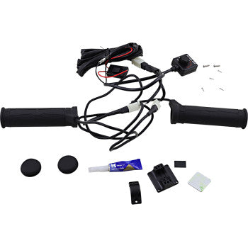 The ATV Heated Grip Kit with LED Indicator Snow by Koso North America includes black heated handlebar grips, attached wires, adjustable heat control, short circuit protection, a control switch, screws, adhesive pads, a mounting clip, and two round end caps.