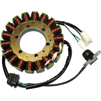 Round copper coil stator with brass center plate and attached black wiring harness and connectors.