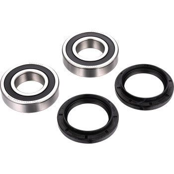 The Yamaha Viking & Wolverine Wheel Bearing Kit by Factory Links includes two metal off-road ball bearings and two black rubber oil seals, arranged on a white background. The seals are compatible with marine grease for rugged use.