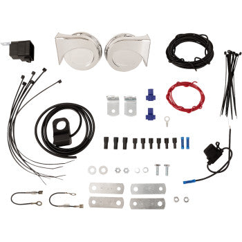 The Electric Horn by Rivco Products kit includes two 118 dB electric horns, wires, brackets, screws, zip ties, a relay, connectors, and water-resistant hardware—all neatly organized against a white background.