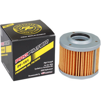 A Replacement Oil Filter by Pro Filter is shown beside its black and yellow box with branding. The OEM-style filter uses pleated yellow material and metal ends for reliable, precise performance.