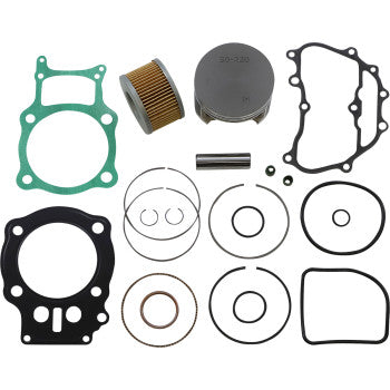 The Honda Top End Kit 85.00 mm by Wsm for 4-stroke models includes gaskets, a piston kit, rings, filter, seals, and O-rings—all neatly arranged on a white background.