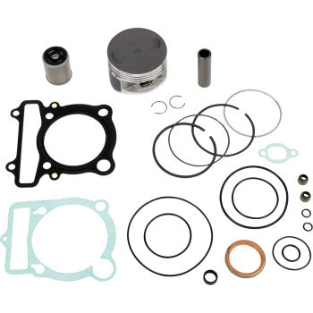The Yamaha Top End Kit 83.25 mm by Wsm includes head and base gaskets, rings, o-rings, and small metal parts for 4-stroke motorcycles, all displayed neatly on a white background.
